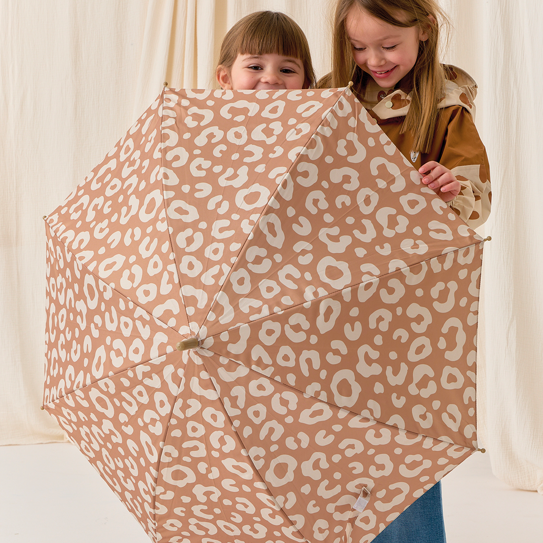 Parapluie Enfant Coupe-vent - Coin Arrondi - Imprimé Léopard Marron - Léger Et Sûr