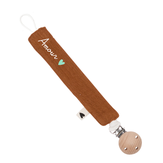 attache tétine gaze de coton caramel personnalisable