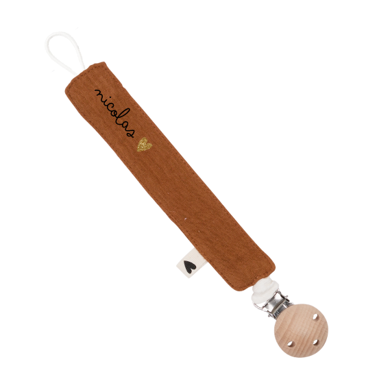attache tétine gaze de coton caramel personnalisable