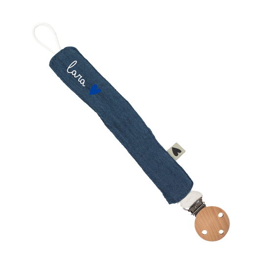 attache tétine gaze de coton bleu personnalisable