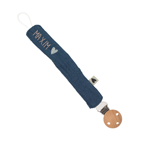 attache tétine gaze de coton bleu personnalisable