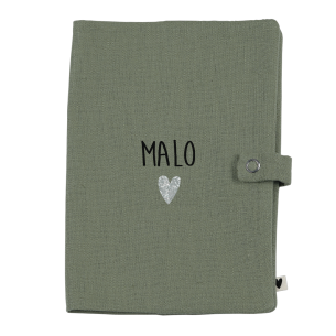 Protège carnet en lin vert olive personnalisé
