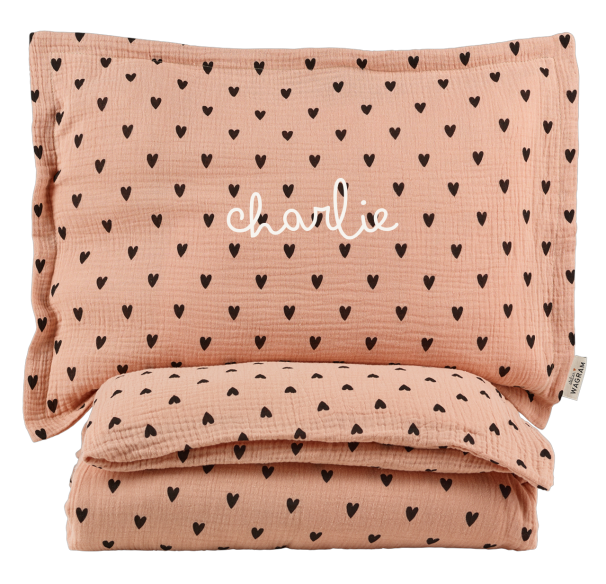 parure de lit gaze coeurs rose