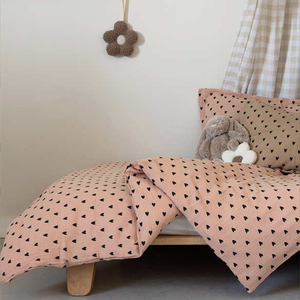 parure de lit gaze coeurs rose